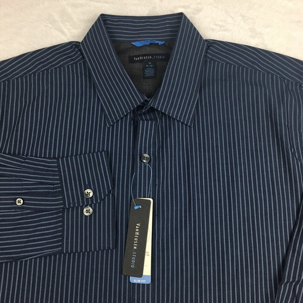Van Heusen-Studio Dress Shirt Men's Medium Blue Pinstripe Slim Fit No Iron NWT!